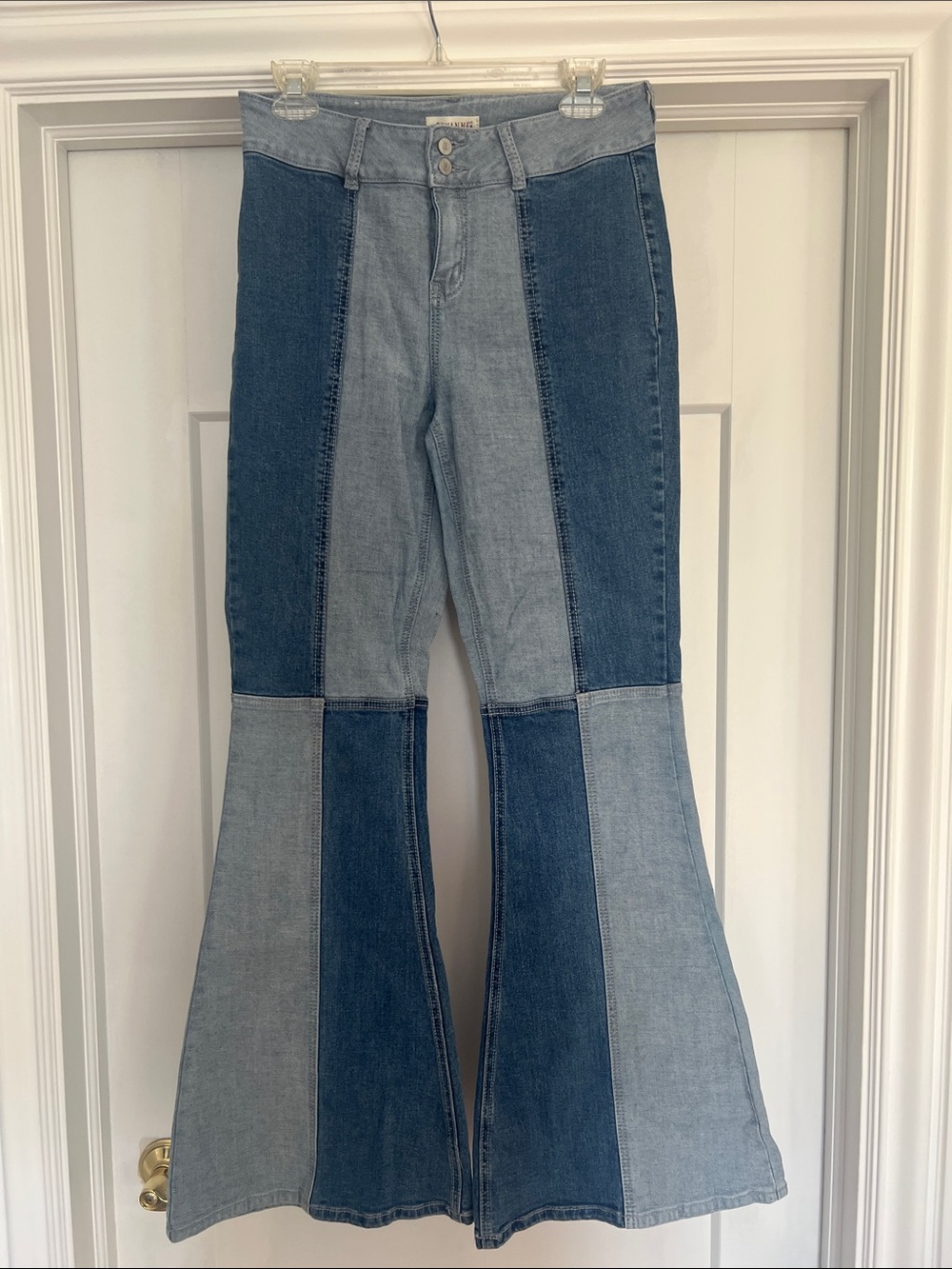 Shyanne Two-Tone Patchwork Flare Jeans in Light & Dark Blue